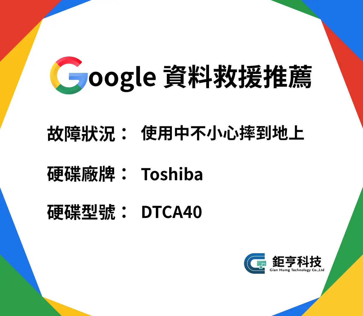 Toshiba-DTCA40外接硬碟摔到地上壞掉無法讀取